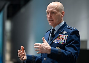 Air Force Chief of Staff Gen. David Allvin speaks at the McAleese Defense Programs Conference in Washington, D.C., March 7, 2024. Allvin discussed future Air Force priorities and programs. (U.S. Air Force photo by Eric Dietrich)