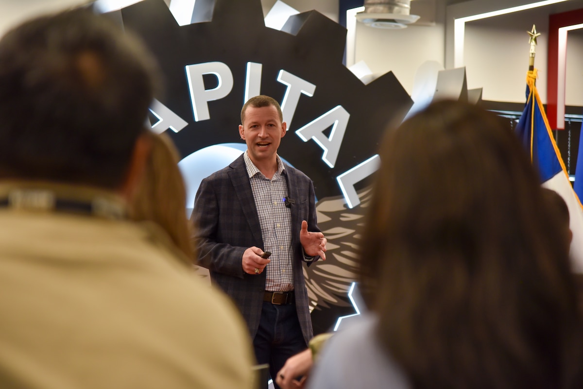 Col. Elliott Leigh, AFWERX director and chief commercialization officer for the Department of the Air Force, delivers the keynote address at South by Southwest in Austin, Texas, March 8, 2024.