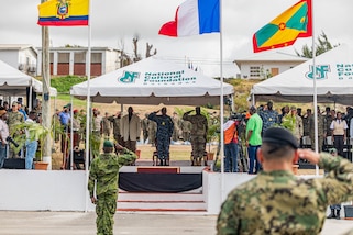 Service members from 26 participating nations render honors to distinguished visitors at the opening ceremony of TRADEWINDS 24 (TW24) at Paragon Base, Barbados, May 4, 2024.