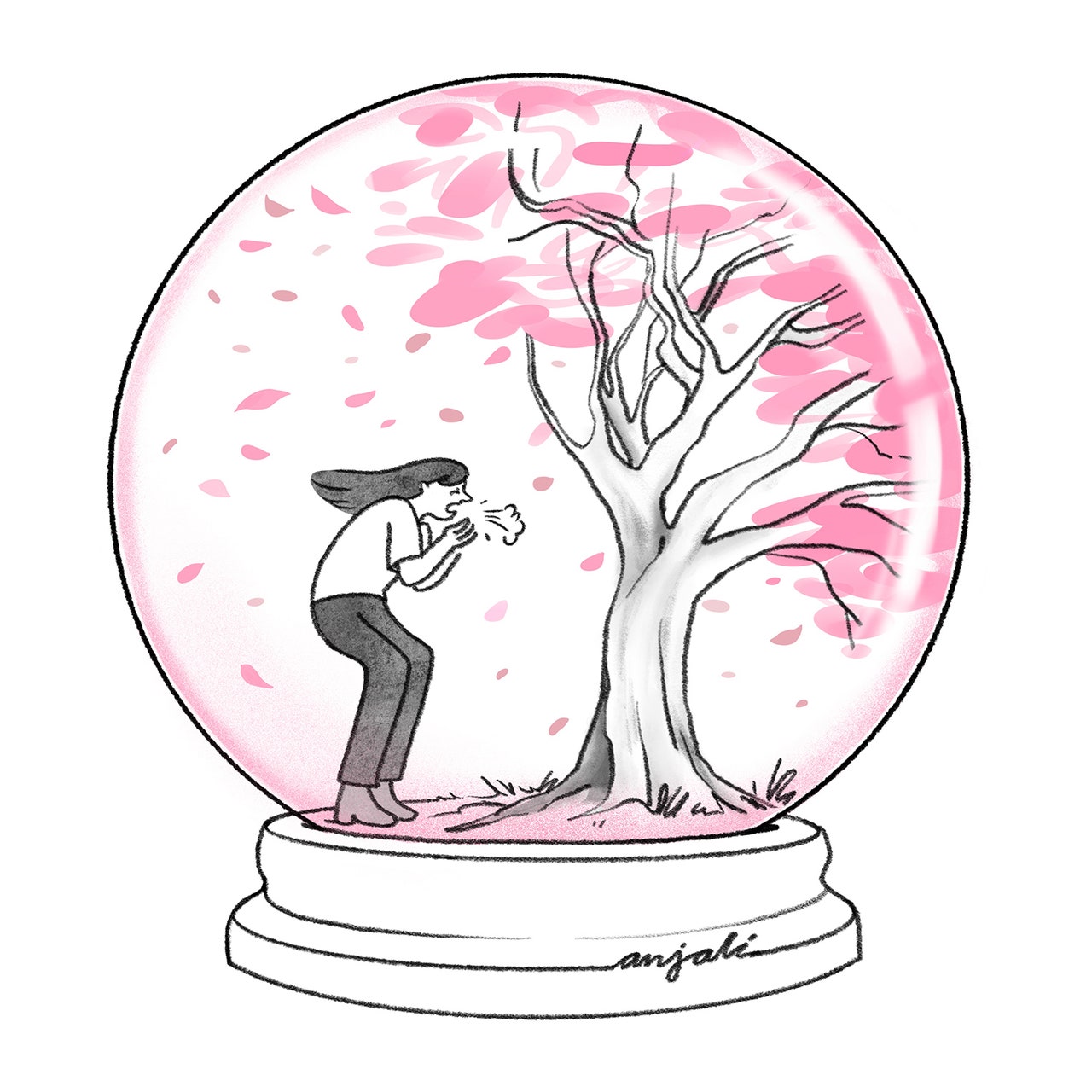 A snow globe contains a blossoming tree and a sneezing woman.