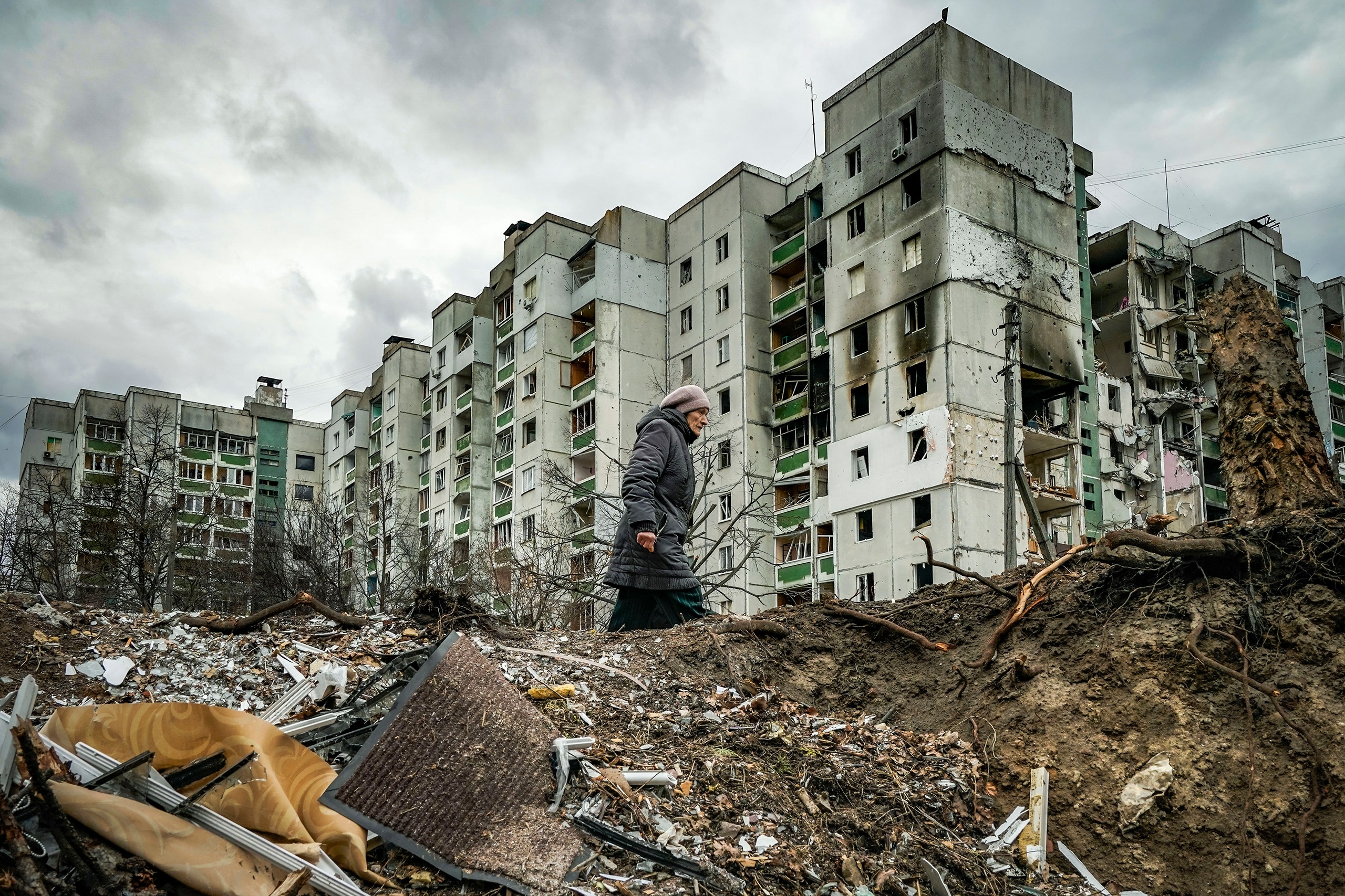 Block of buildings destroyed after russian shelling over Chernihiv during the combats to take the city between ukrainian...