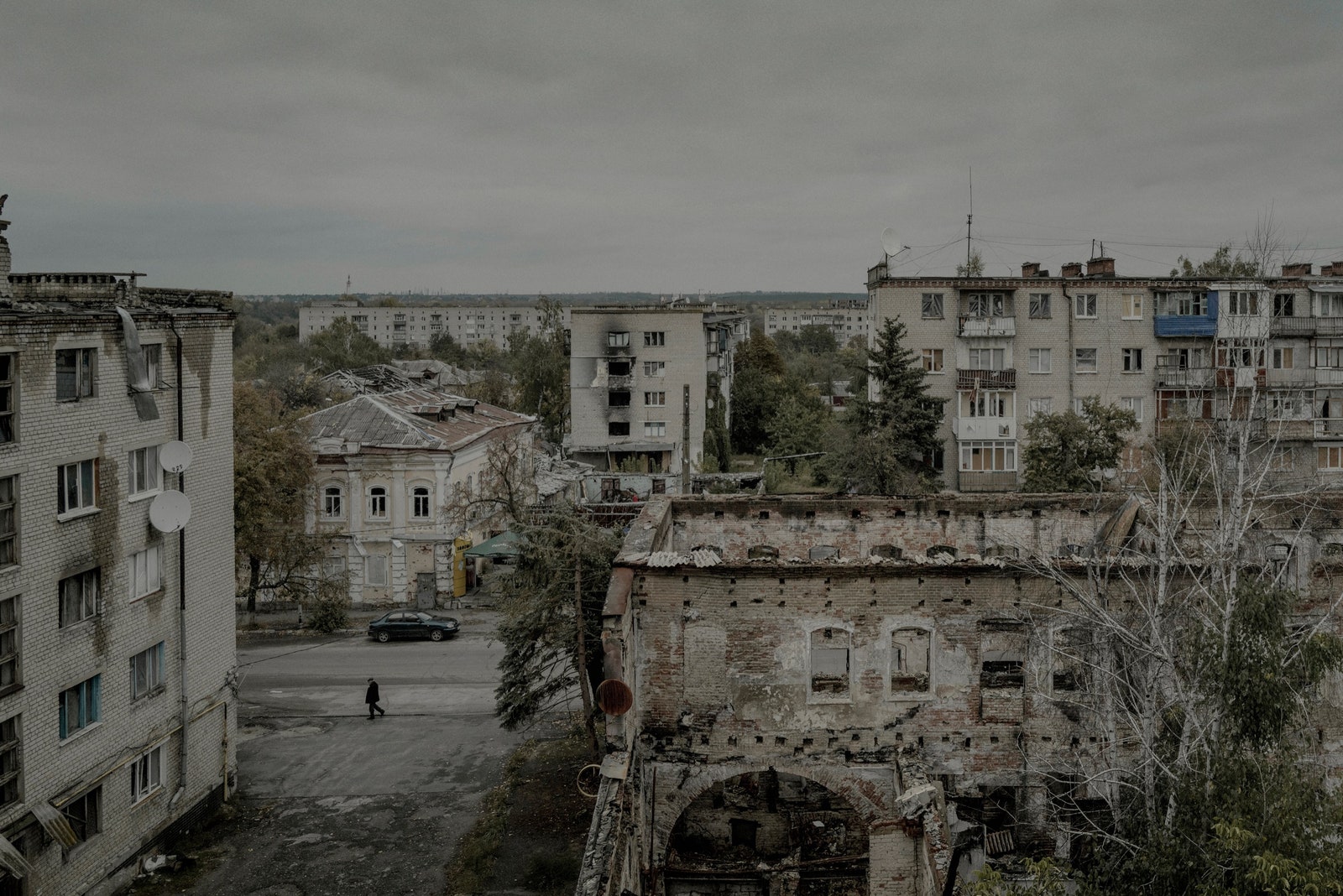 A skyline view of destroyed buildings in Izyum.