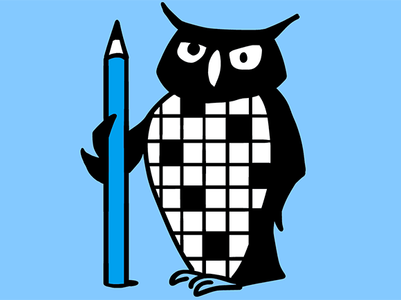 An owl holding a large blue pencil stands as different crossword puzzles scroll across its stomach.