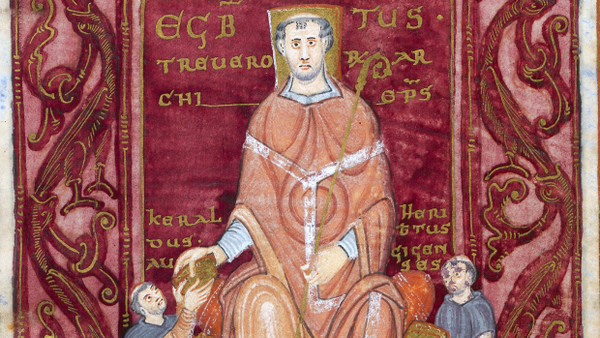 Zwei Reichenauer Mönche überreichen dem Trierer  Erzbischof den nach ihm  benannten Egbert-Codex.
