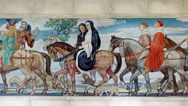 Sattelfeste Erzählerin einer fragwürdigen Geschichte: Auf Ezra Winters Wandgemälde im nördlichen Lesesaal der Library of Congress ist unter Geoffrey Chaucers Charakteren neben der Nonne auch die Äbtissin dargestellt.