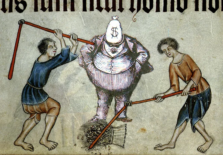 An illuminated manuscript drawing of two serfs threshing wheat. Behind them is a portrait of a fat-cat type in a business suit, with a dollar-sign money-bag for a head.