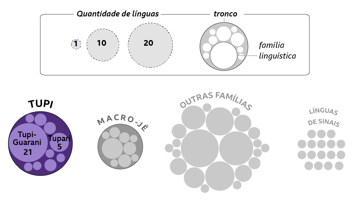 Diagrama mostrando a chave de interpretação do gráfico de famílias linguísticas brasileiras, com ênfase na macrofamília tupi