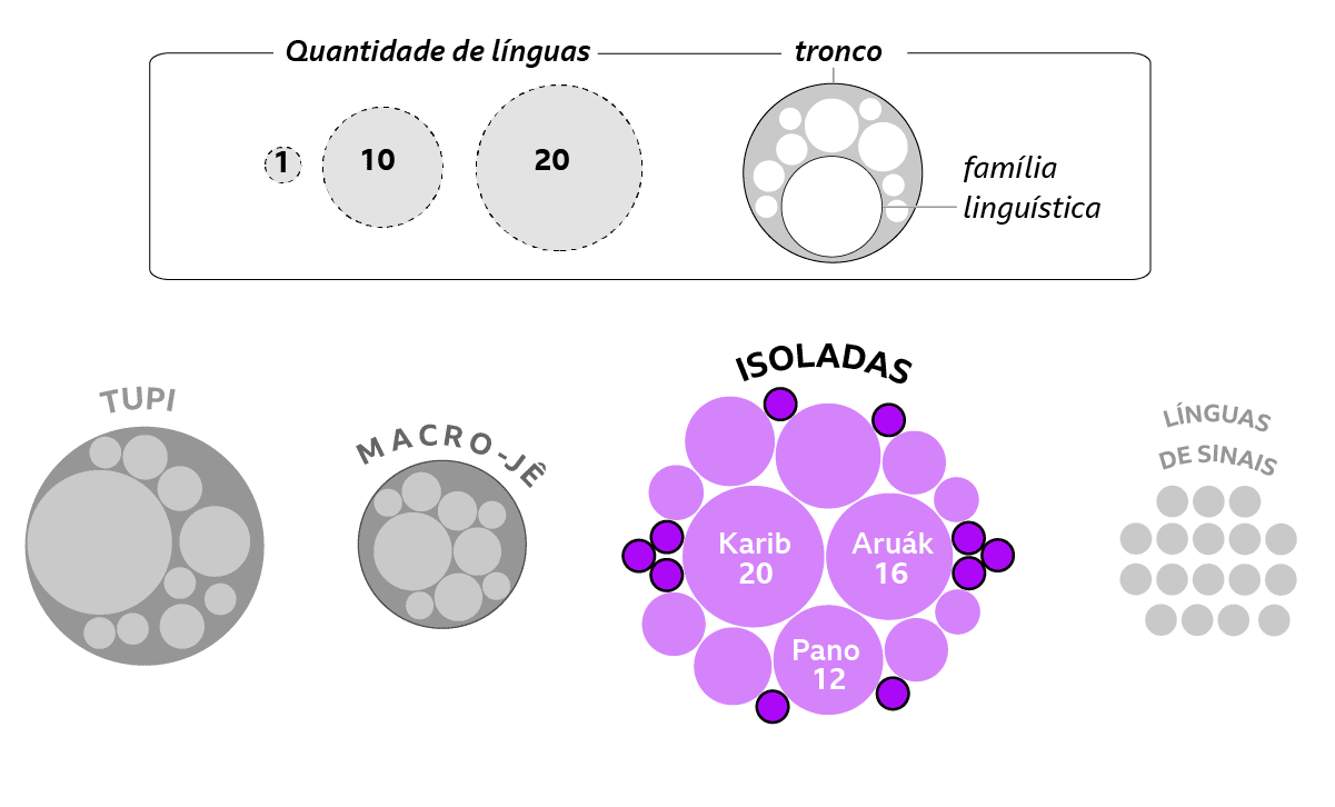 Diagrama mostrando a chave de interpretação do gráfico de famílias linguísticas brasileiras, com ênfase nas línguas isoladas