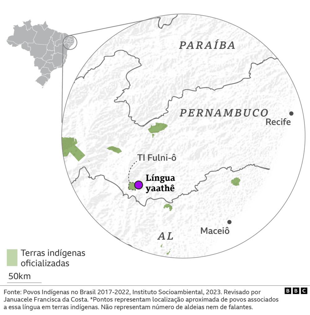 Mapa de localização aproximada dos falantes de yaathê