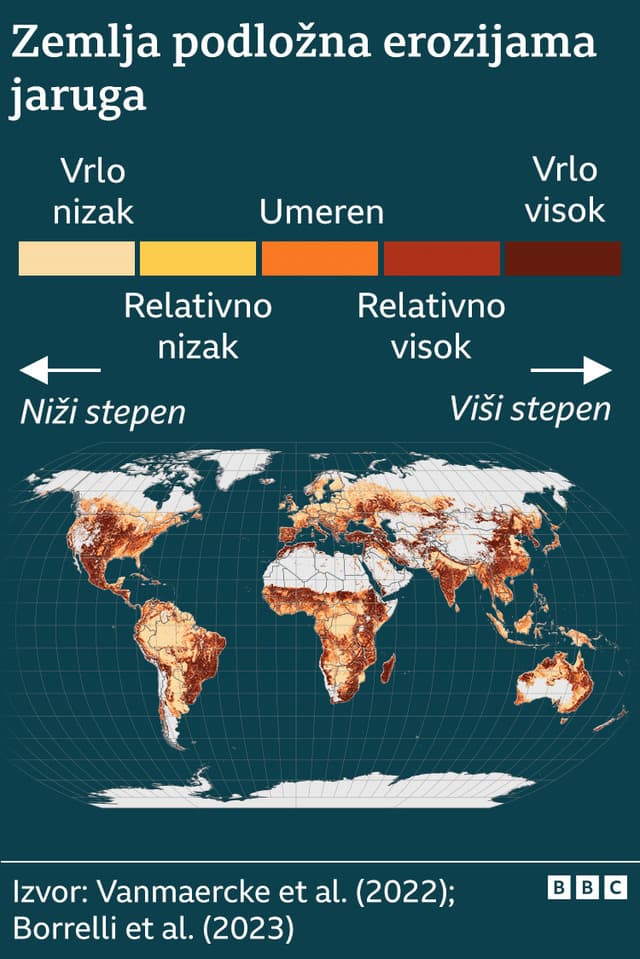 Mapa sveta koja pokazuje podložnost eroziji jaruga (denudaciji)
