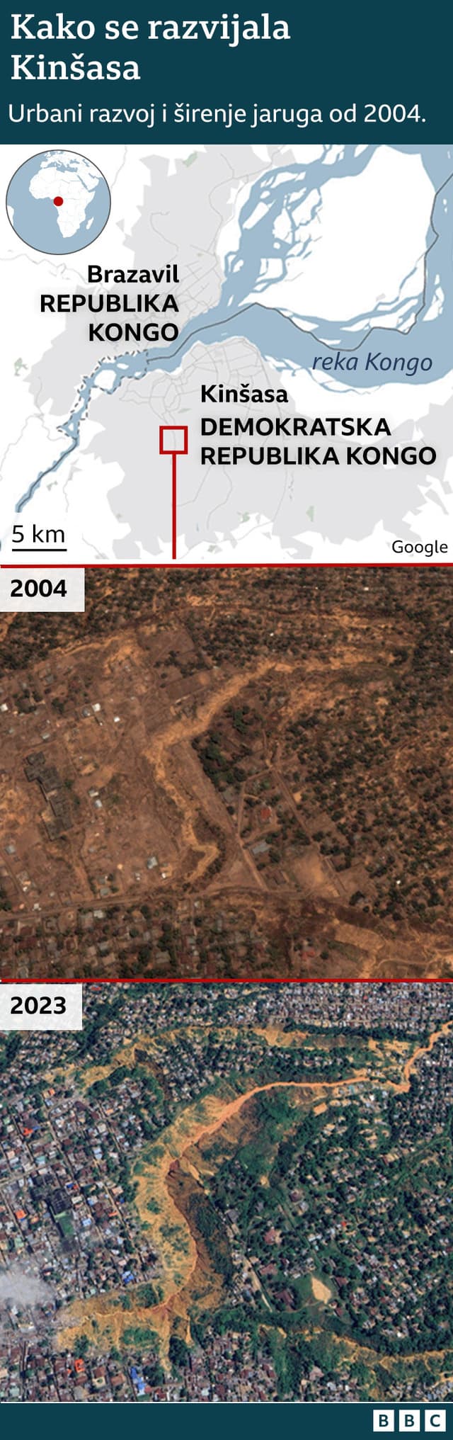 Lokator u Kinšasi i satelitski snimak iz 2004. i 2023.