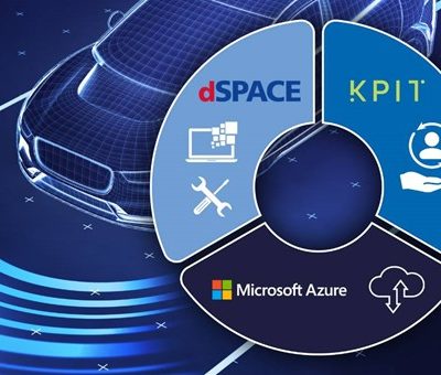 Circular graphic showing KPIT, dSPACE and Microsoft overlaid on a computer drawing of a car