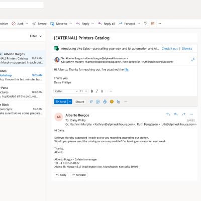 Outlook window with Viva Sales sidebar showing CRM log in options for Dynamics 365 Sales or Salesforce