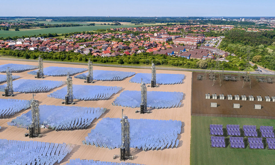 Rendering shows a dense array of solar panels next to a large neighborhood.