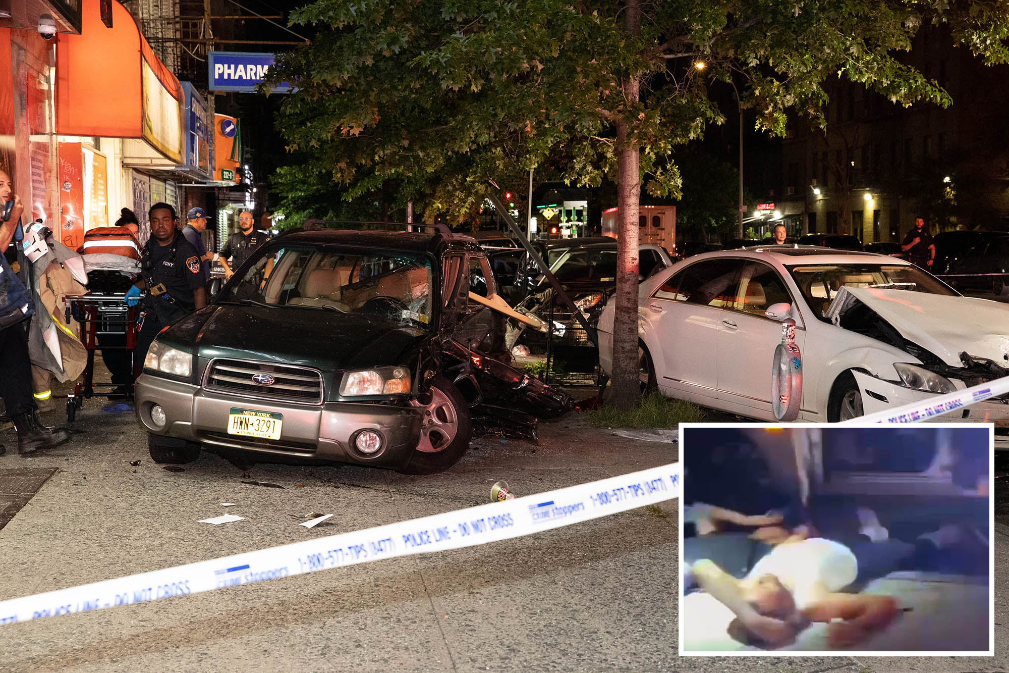 The Mercedes and Subaru collided before the Subaru struck two parked, unoccupied vehicles., cops said. It then careened onto the sidewalk and struck two men, cops said.