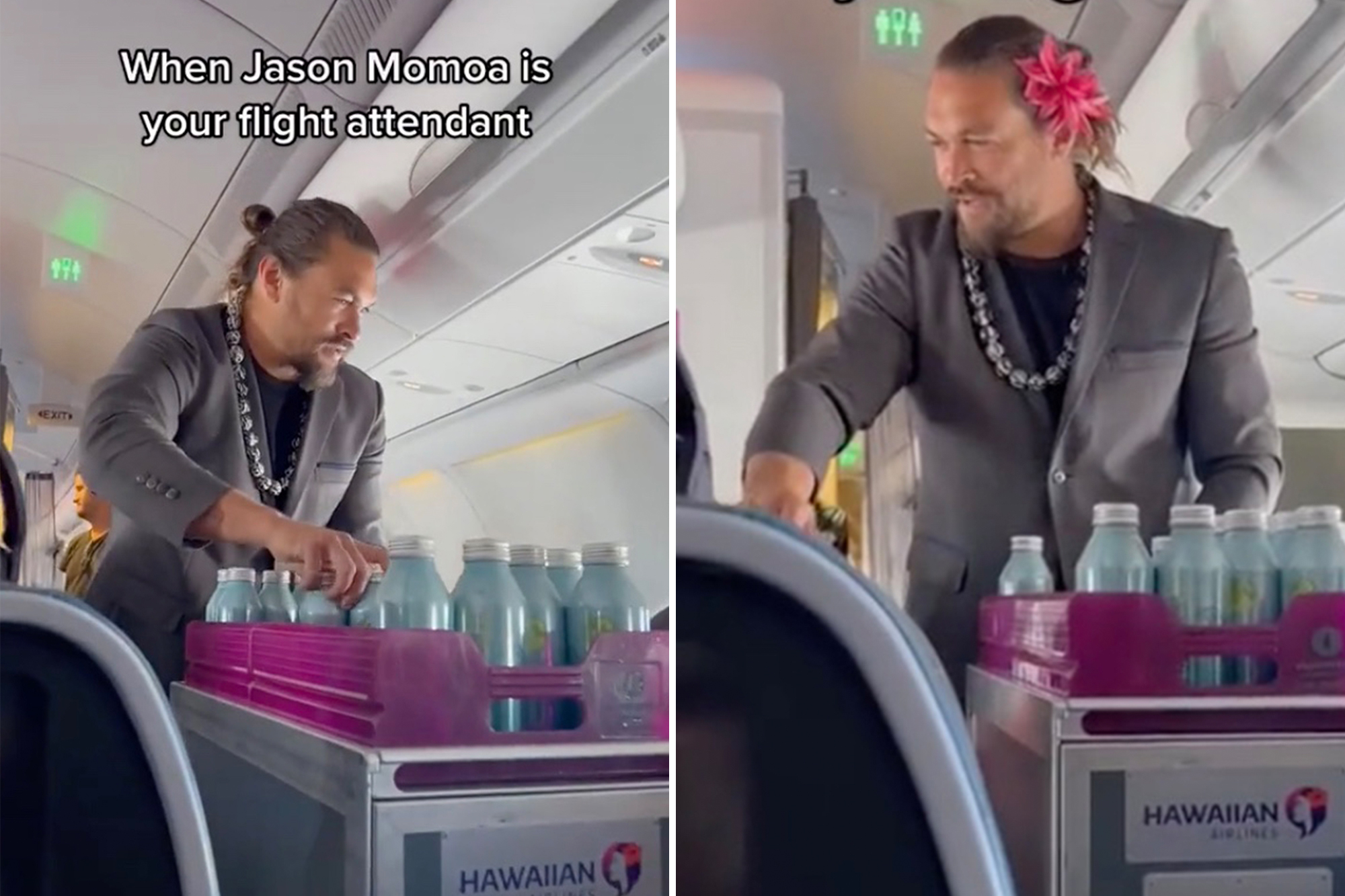 "Aquaman" star Jason Momoa was spotted handing out water as a flight attendant on a Hawaiian Airlines flight in a now-viral video.