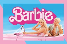 Poster for the "Barbie" movie on a pink and blue background.