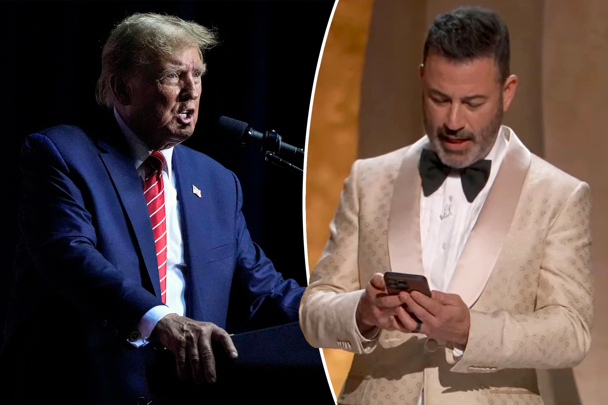 A split of Donald Trump and Jimmy Kimmel hosting the Oscars.