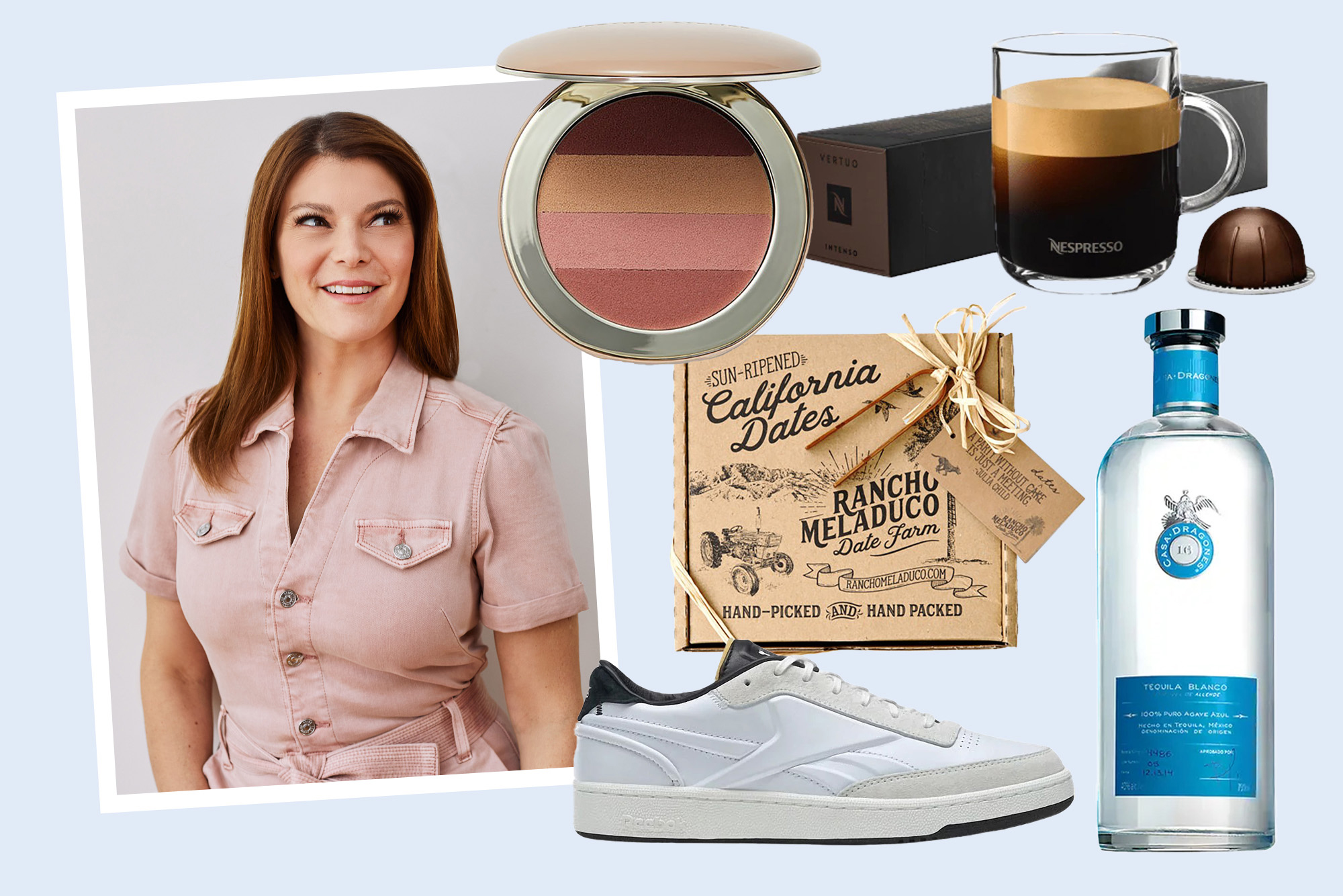 Collage of Gail Simmons and a few of her favorite things, including a makeup palette, California dates, Victoria Beckham Reeboks, tequila blanco, and Nespresso