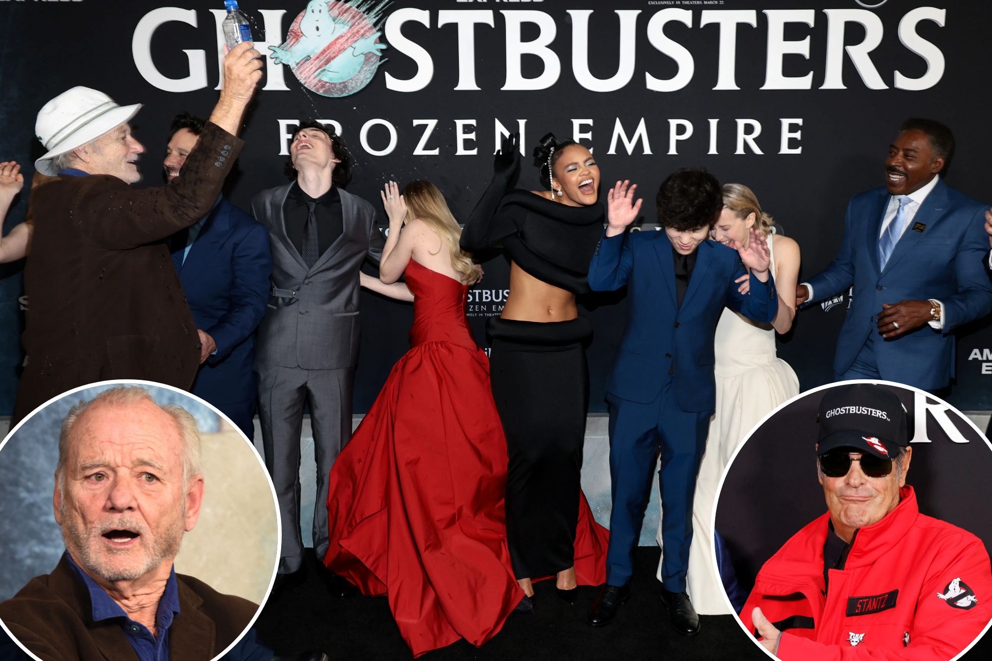 Bill Murray sprays the cast with water at the premiere of "Ghostbusters: Frozen Empire" at AMC Lincoln Square Theater on March 14, 2024 in New York City.