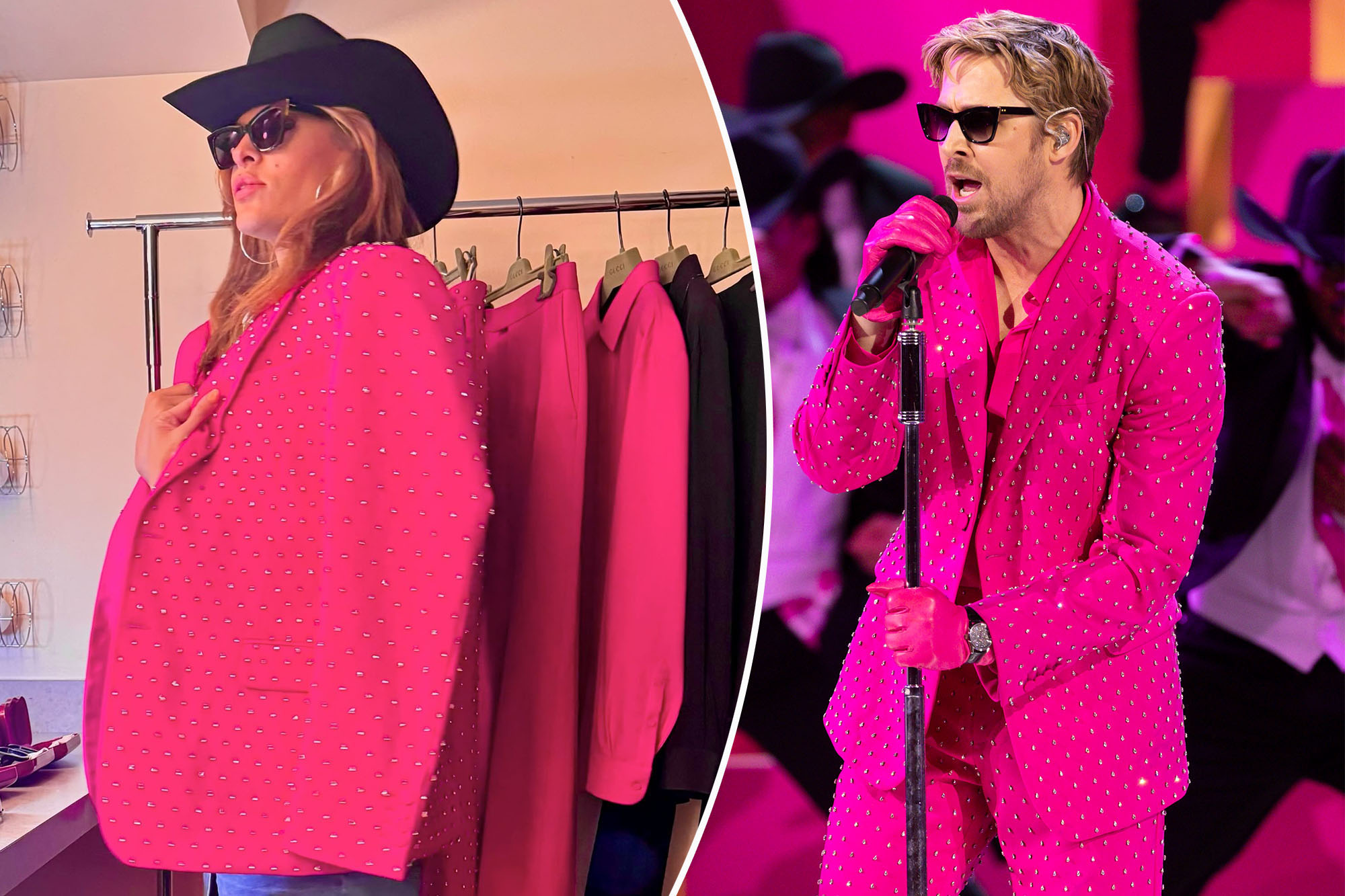 Eva Mendes backstage at the Oscars; Ryan Gosling performing at the Oscars.