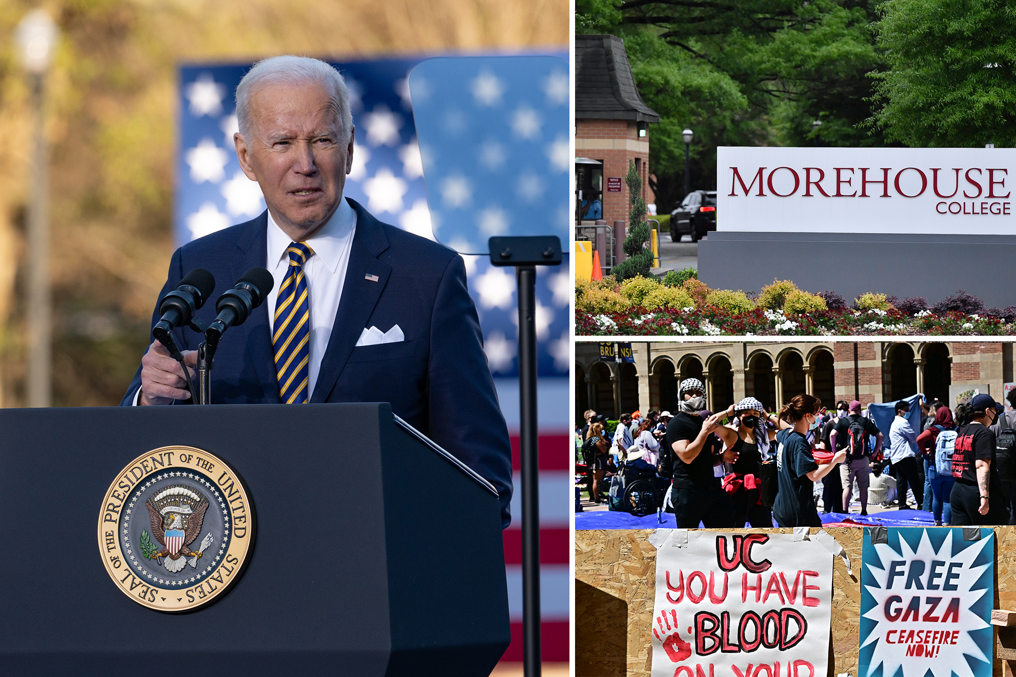 Joe Biden standing at a podium with microphones and a sign