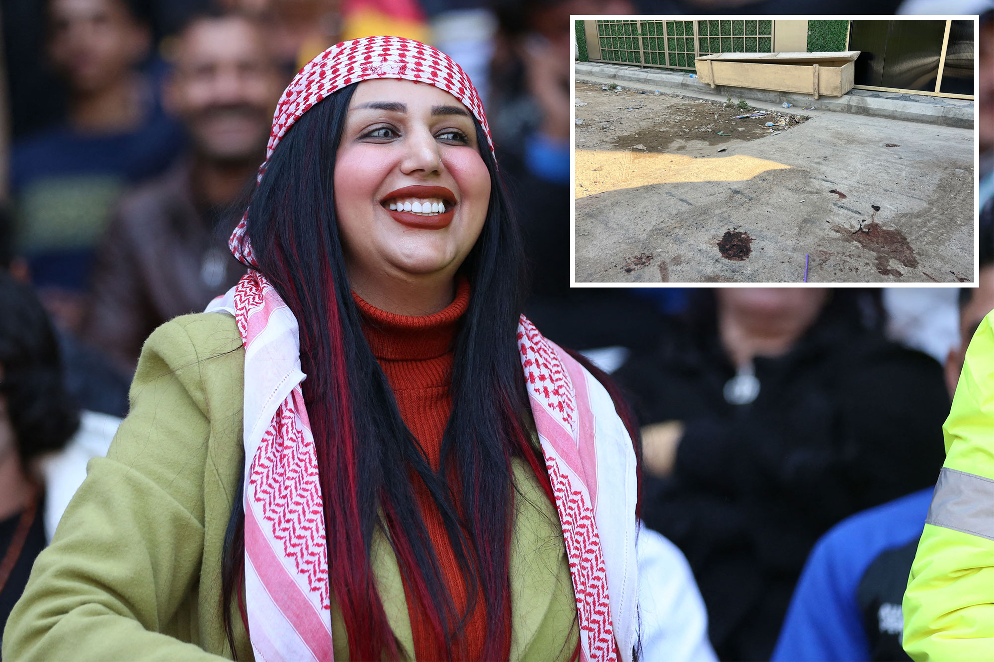 TikTok influencer Ghufran Sawadi, aka Om Fahad, seen smiling wearing cultural scarf on head with a crowd behind her; inset of the spot outside her home where she was killed, where blood was left visible on the ground.