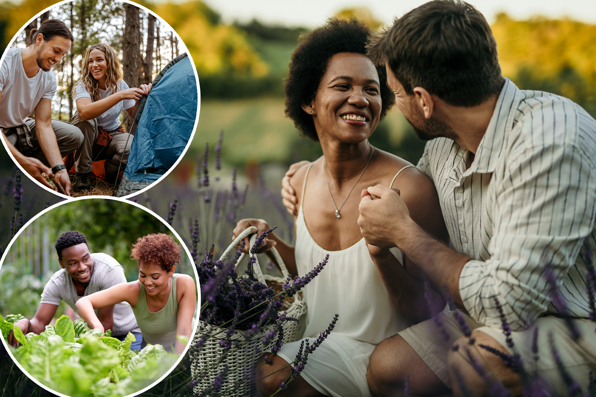 A collage of a man and a woman in a field