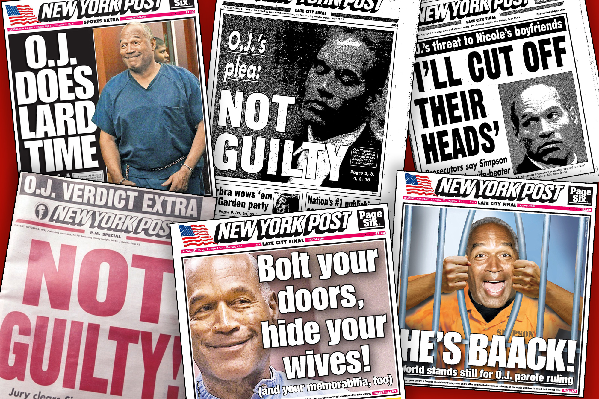 A group of newspaper covers featuring multiple images of O. J. Simpson