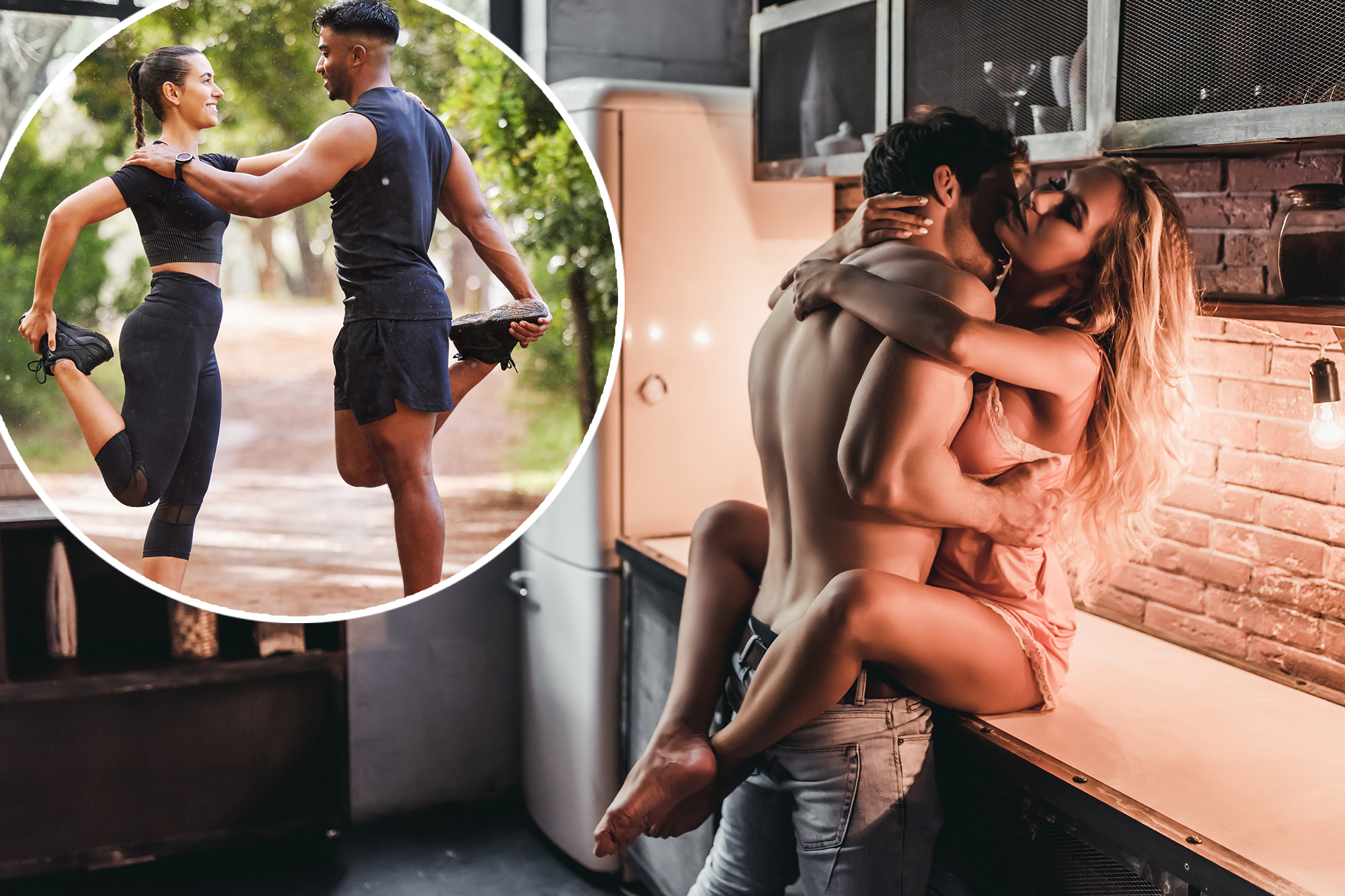 Attractive passionate couple is having sex on kitchen and couple working out