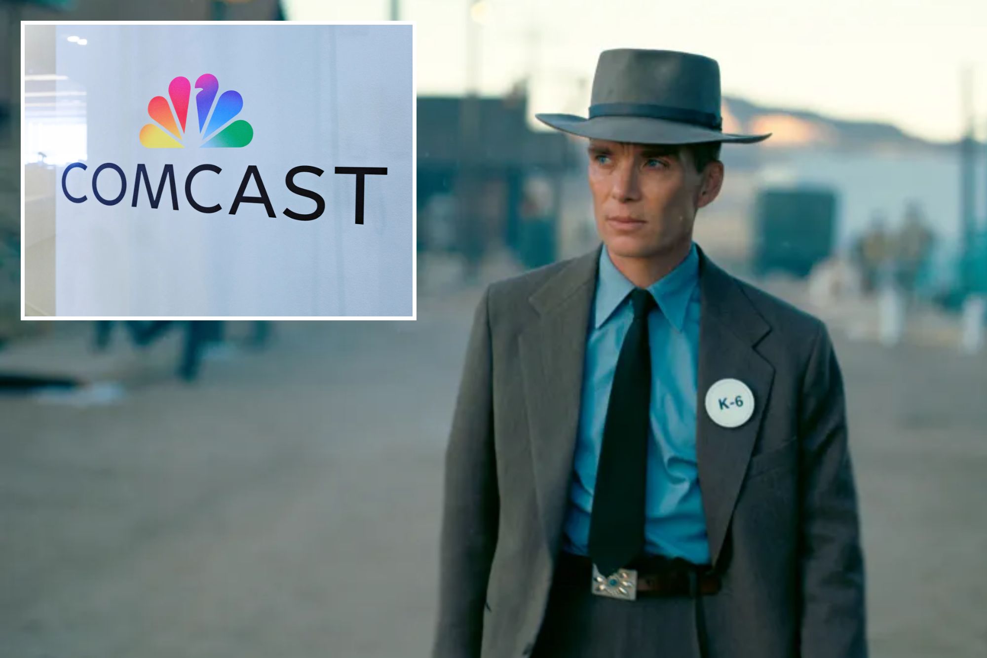 Comcast logo and Cillian Murphy in "Oppenheimer"