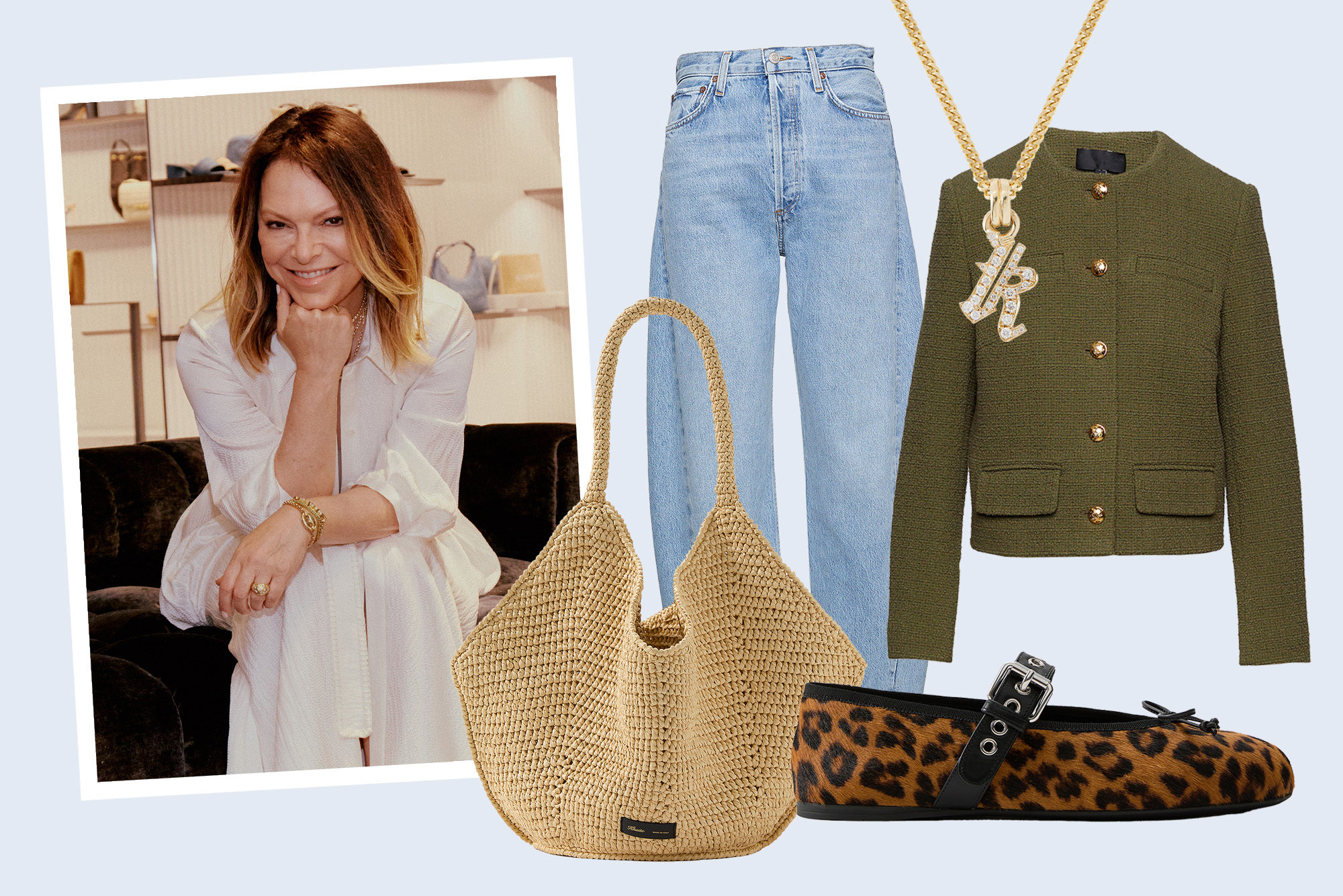 A collage of Elyse Walker and her Mother's Day selections, including jeans, a green jacket, Miu Miu cheetah print flats, a raffia bag, and an initial necklace with an R.