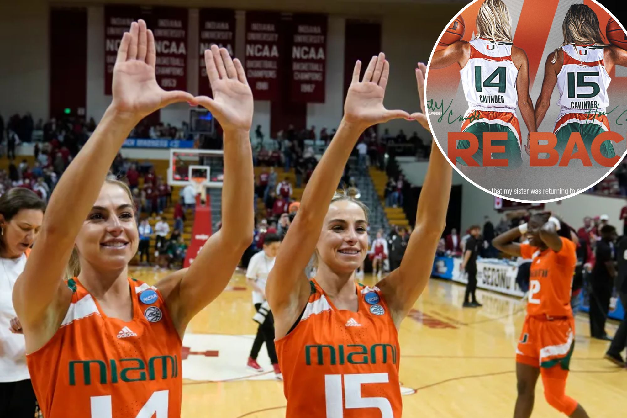 Miami's Haley Cavinder (14) and Hanna Cavinder (15) celebrate after Miami defeated Indiana in a second-round college basketball game in the women's NCAA Tournament Monday, March 20, 2023, in Bloomington, Ind. 
