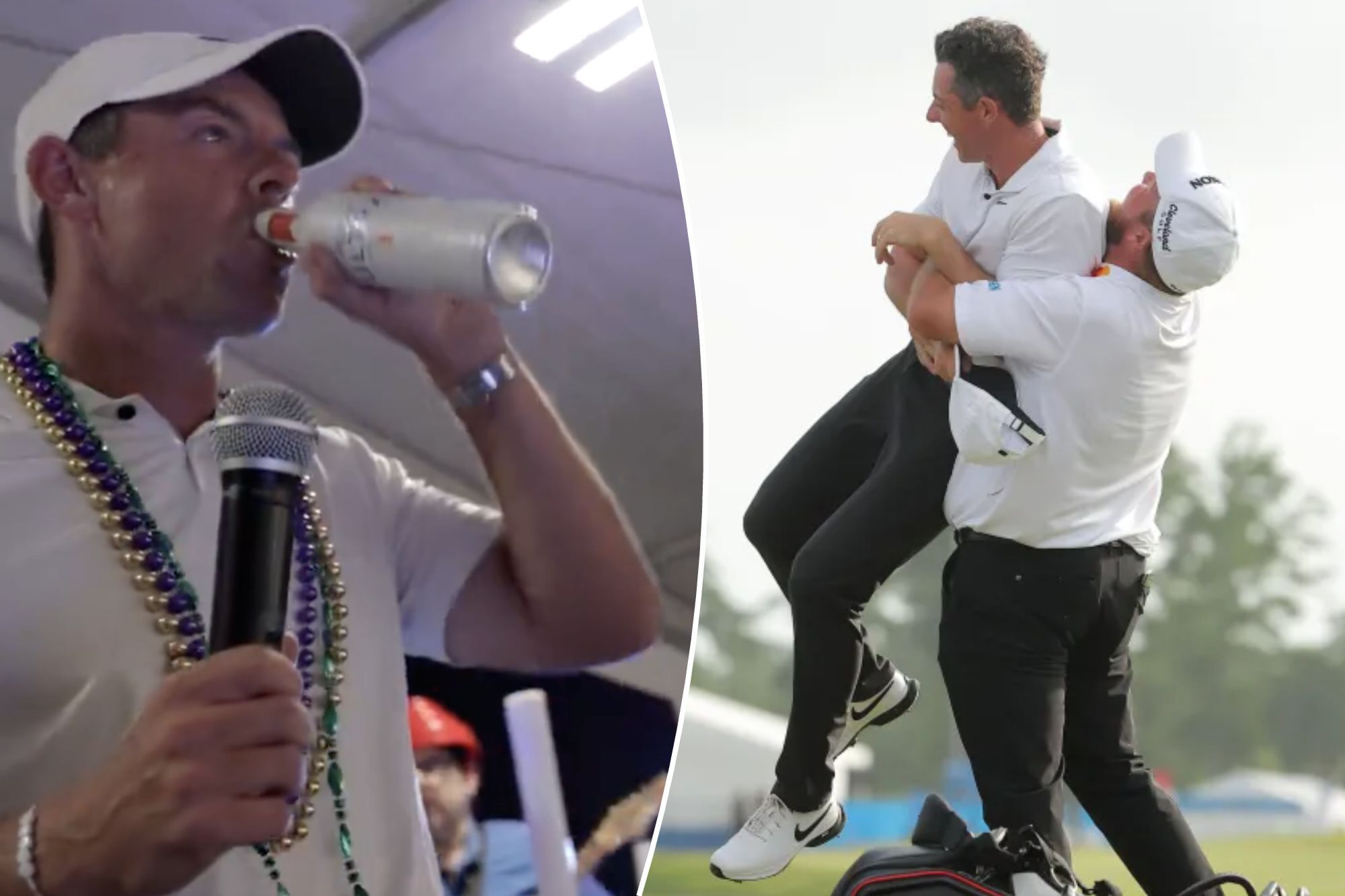 Rory McIlroy chugs a beer during a karaoke session after winning Zurich Classic with Shane Lowry.