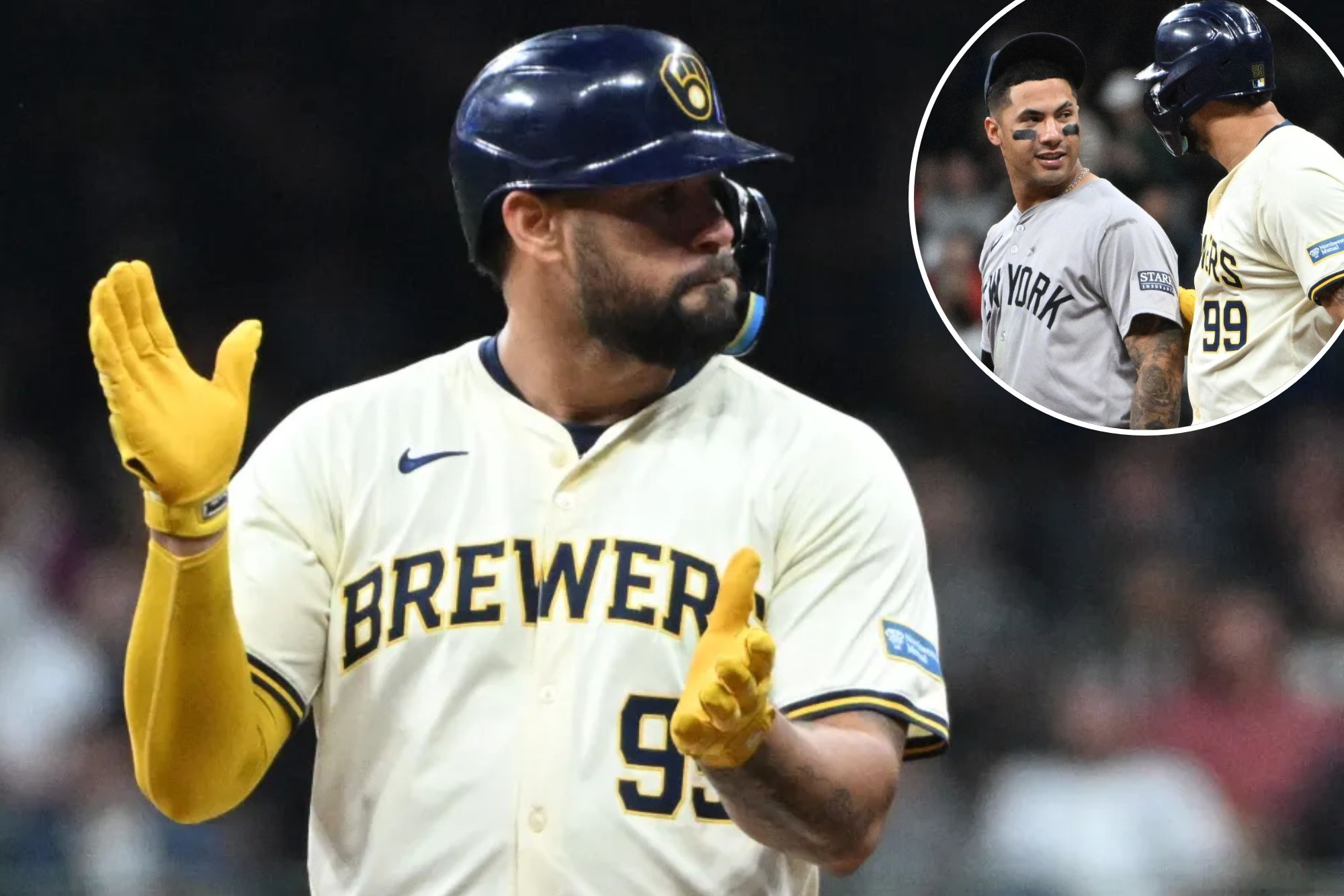 Gary Sanchez, celebrating after hitting a double, (inset) talks with former teammate Gleyber Torres during a pitching change in the sixth inning of the Brewers' extra-inning win on the Yankees on Friday.