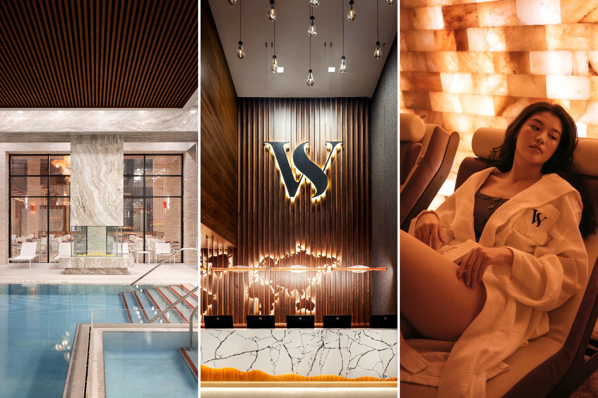 Collage of three images of World Spa: A pool, a large W hovering over the entrance, and a woman relaxing in a World Spa robe.