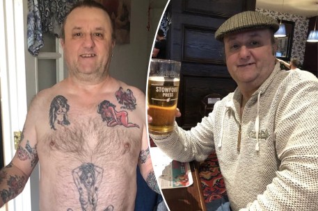 Richard Hart, a 60-year-old man revealing his obscene tattoo design of a naked woman, holding a glass of beer.