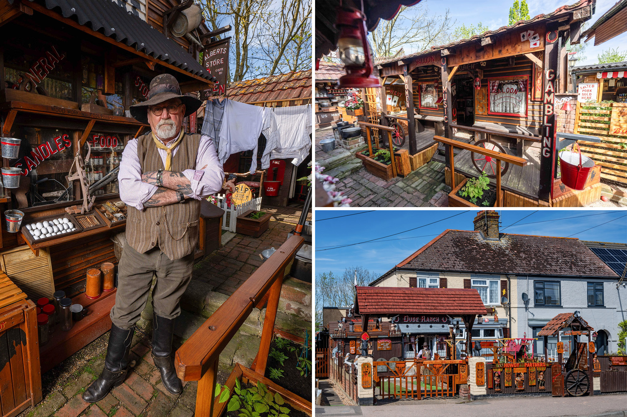 Man standing in front of a Wild West town replica, complete with Bank, Saloon, and General stores, he created in his front and back garden