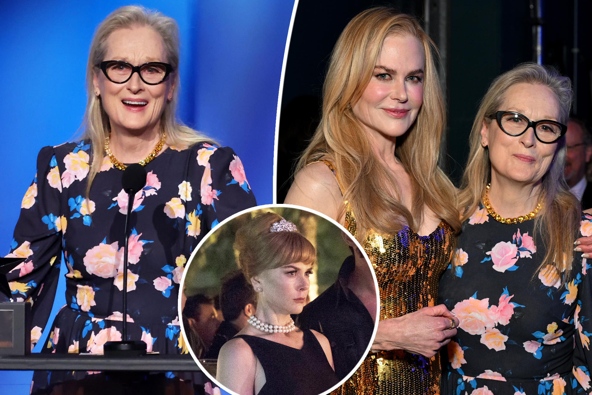 Meryl Streep split with Nicole Kidman with an inset of her character from Big Little Lies."