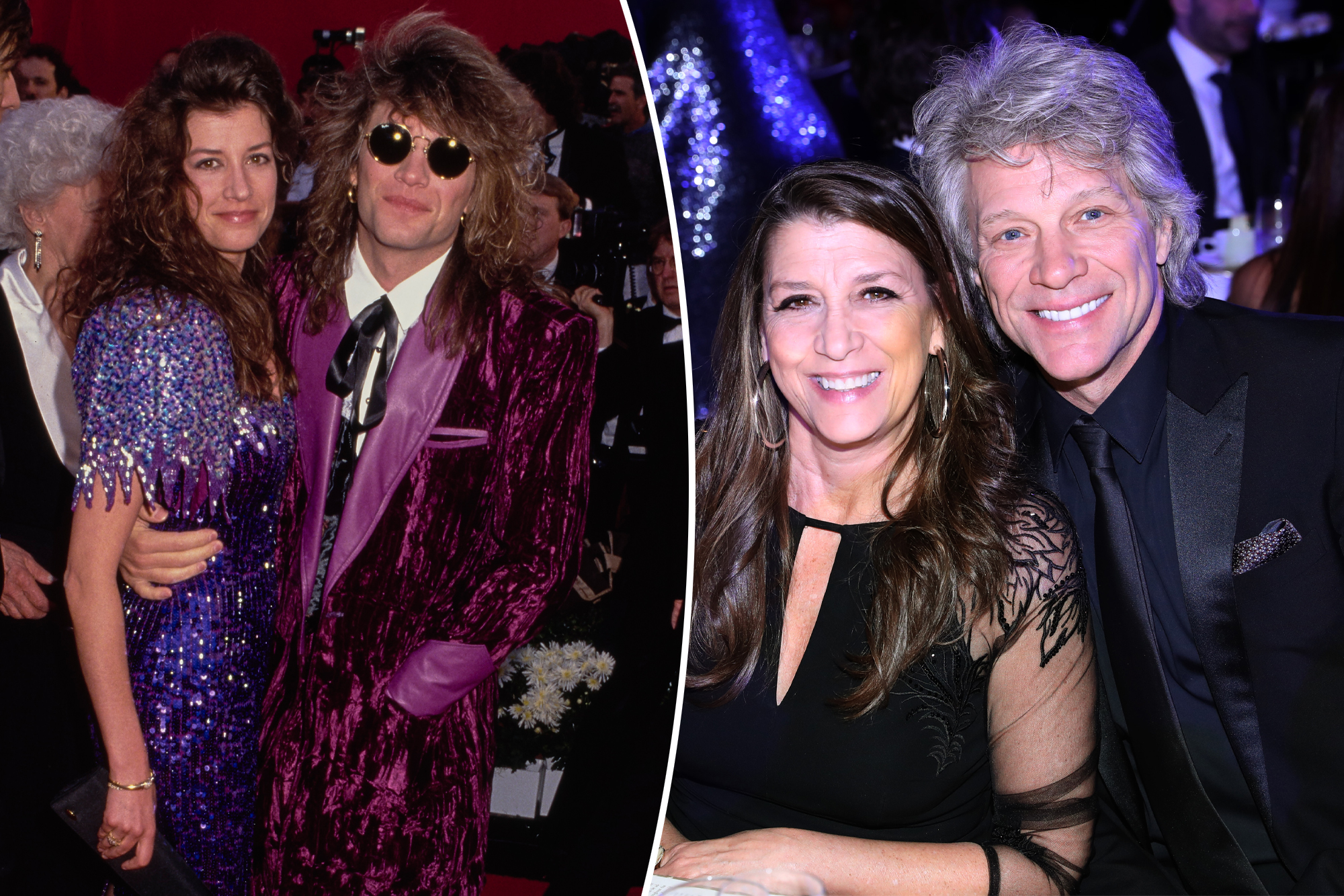 Two split photos of Jon Bon Jovi and Dorothea Hurley posing together