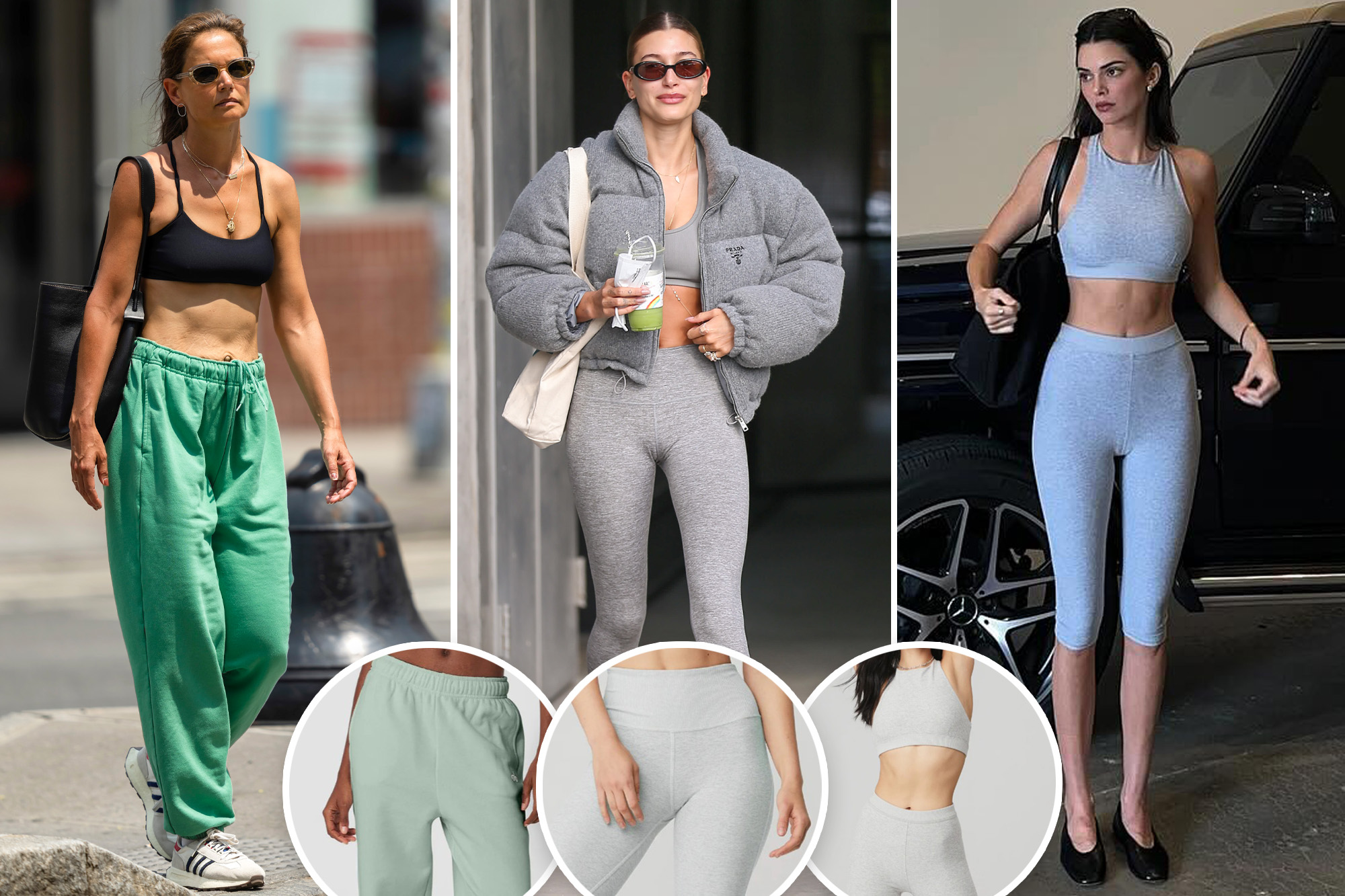 Katie Holmes, Hailey Bieber and Kendall Jenner wearing Alo Yoga with insets of their products