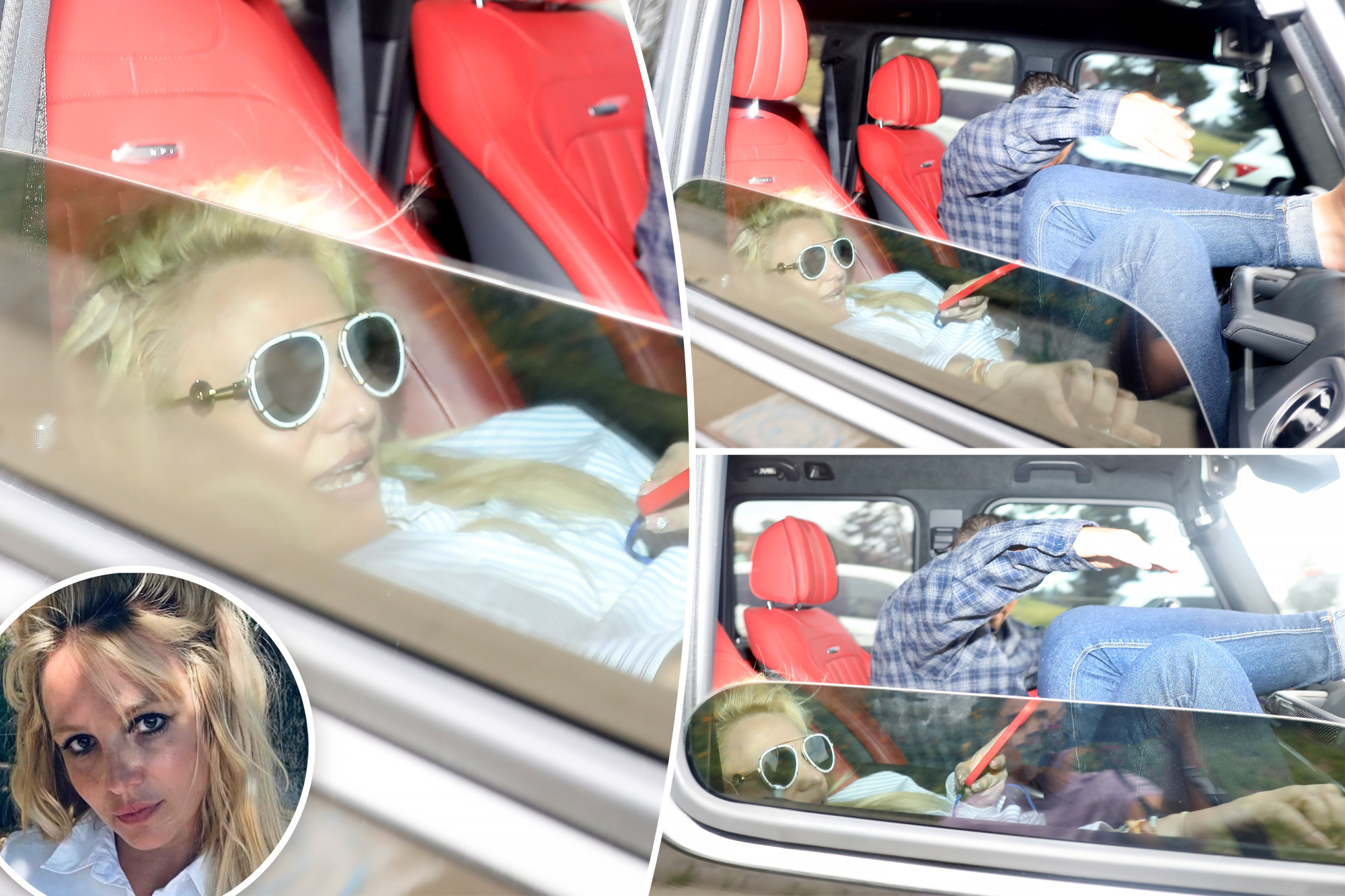 A split photo of Britney Spears lying back in a car seat and two photos of Britney Spears sitting in a car with Richard Soliz