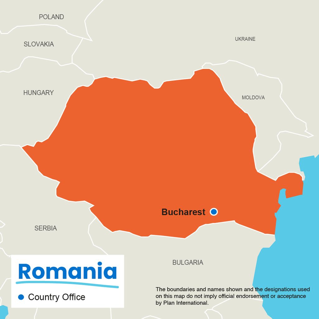 A map showing where Plan International works in Romania