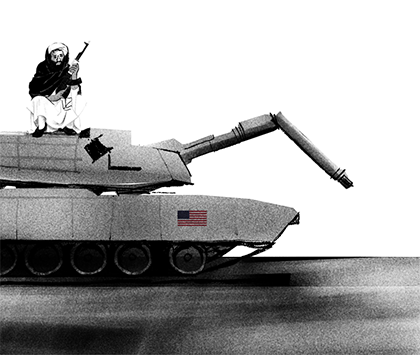 Illustration of a broken tank with a U.S. flag icon.