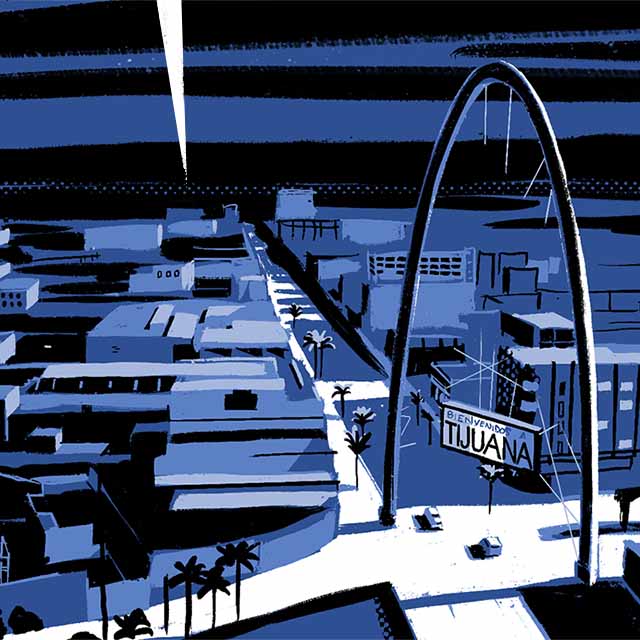 Ilustración en viñeta de imagen aérea del centro de Tijuana durante la noche.