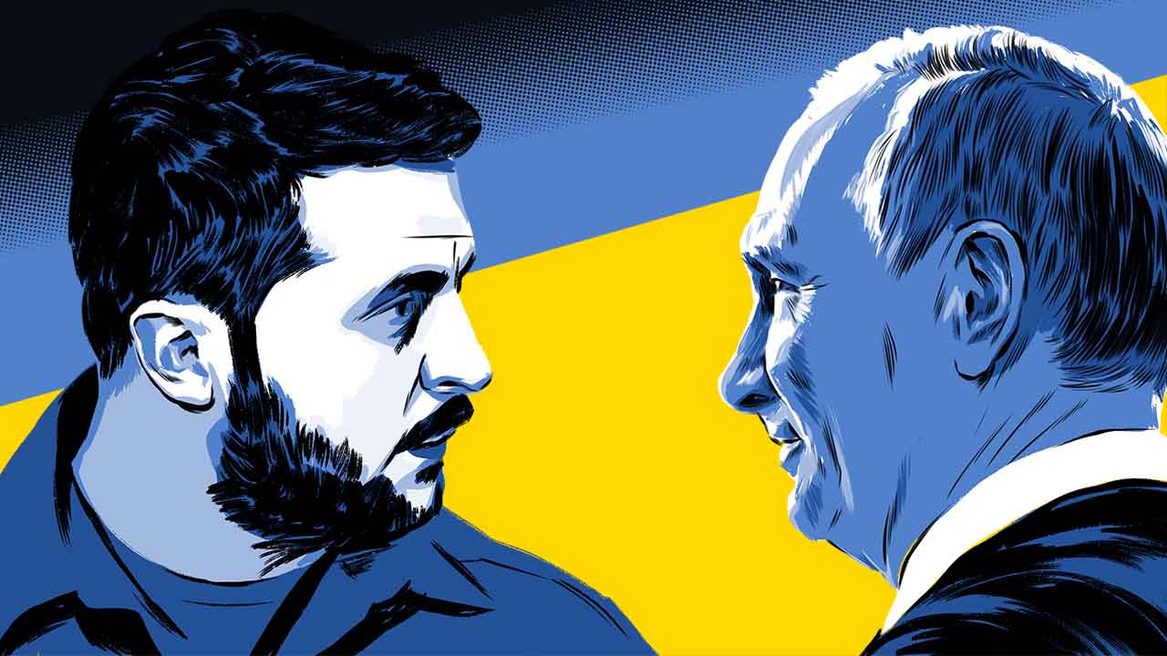 Illustrated portraits of Volodymyr Zelenskyy and Vladimir Putin