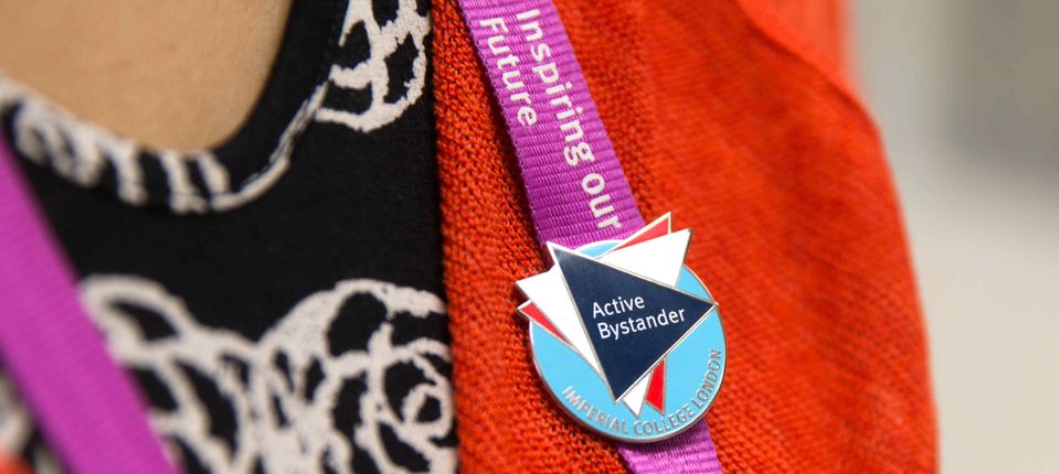 Close up of Active Bystander badge on a lanyard
