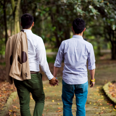 Two men hold hands as they walk along a path together, through some trees. They are walking away from us so we can only see their backs.