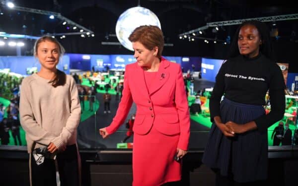 First Minister Nicola Sturgeon (centre) meets climate activists Greta Thunberg (left) and Vanessa Nakate (right) during the Cop26 summit
