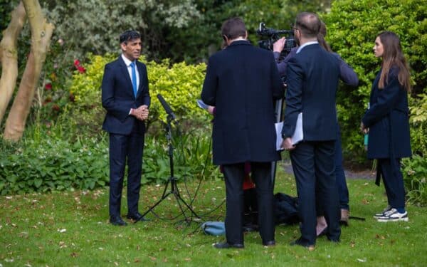 17/04/2024. London, United Kingdom. The Prime Minister Rishi Sunak gives his reaction to inflation figures for television in the Downing Street garden. Picture by Simon Walker / No 10 Downing Street